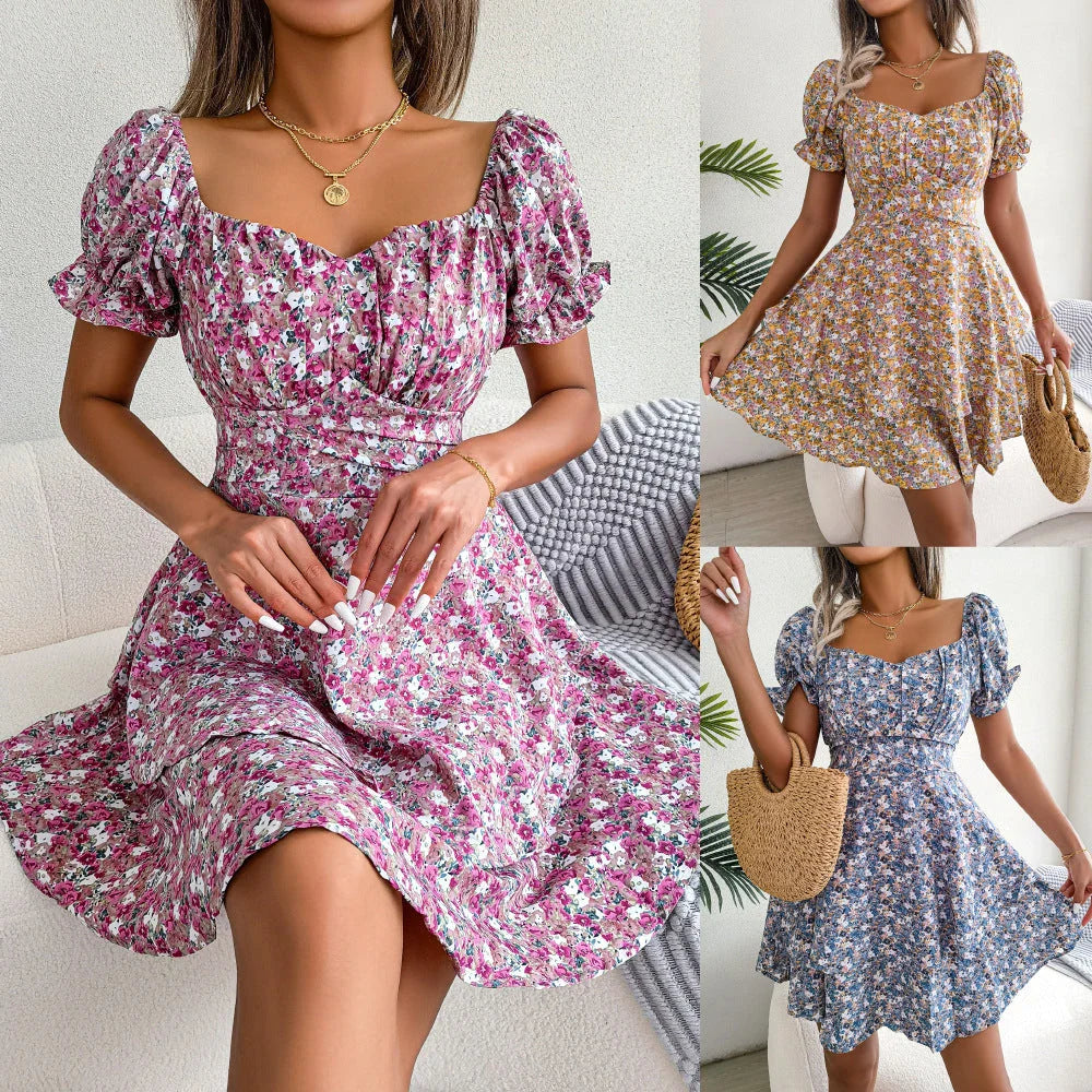 Elegant floral mini dress with A-line silhouette and short sleeves in a variety of vibrant colors