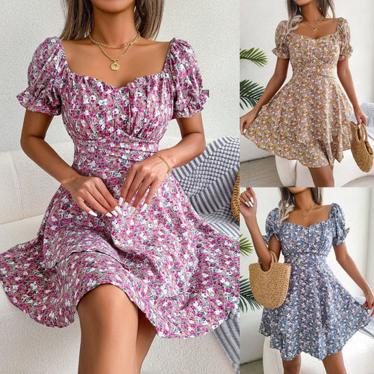 Elegant floral mini dress with A-line silhouette and short sleeves in a variety of vibrant colors