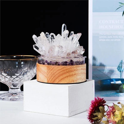 White natural crystal night light measuring 10x8.5cm with USB cable