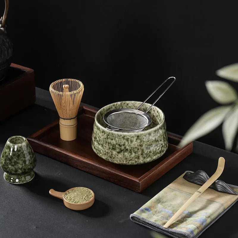 Japanese Matcha Tea Set with ceramic bowl and brush in clear glaze