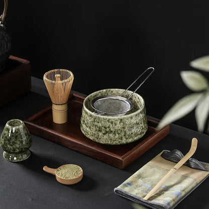 Japanese Matcha Tea Set with ceramic bowl and brush in clear glaze