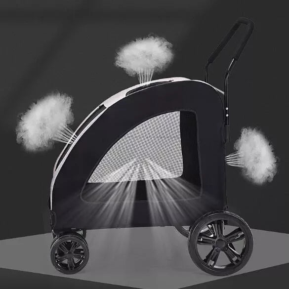 Foldable pet stroller for medium to large dogs in gray, blue, red, and black