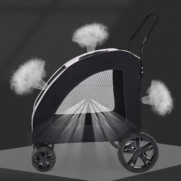 Foldable pet stroller for medium to large dogs in grey, blue, red, or black, with metal and cloth frame.