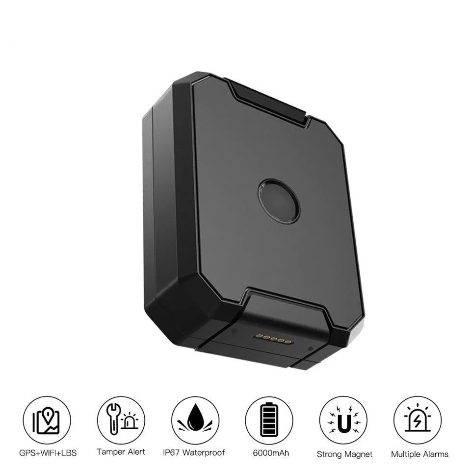 Black GPS car locator device with 6000mAh battery for vehicle tracking.
