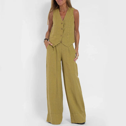 Stylish women's summer vest outfit with V-neck, sleeveless top, and loose straight trousers in a variety of colors