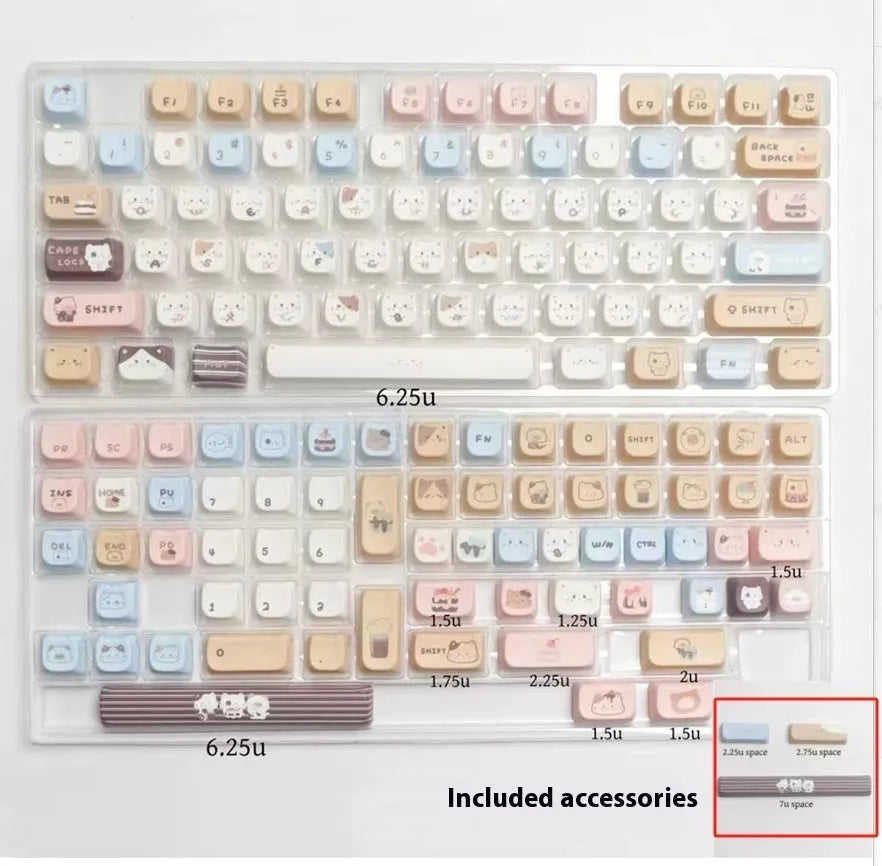 Sea Salt Cat PBT keycap set with sublimation printing showing 26 keys including 7u spacebar supplement