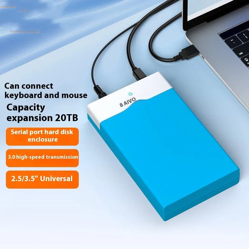 Black and silver 3.5-inch SATA hard disk enclosure with slide-open cover, USB 3.0 cable, and power adapter.