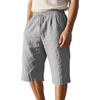 Men's linen shorts in light blue with drawstring waist and cropped straight-leg design