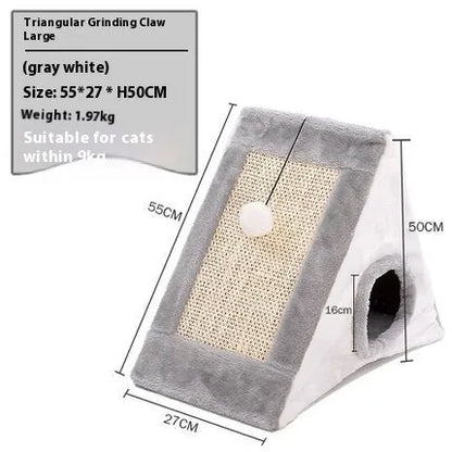 Grey and white triangular cat bed with an integrated sisal rope scratching post.