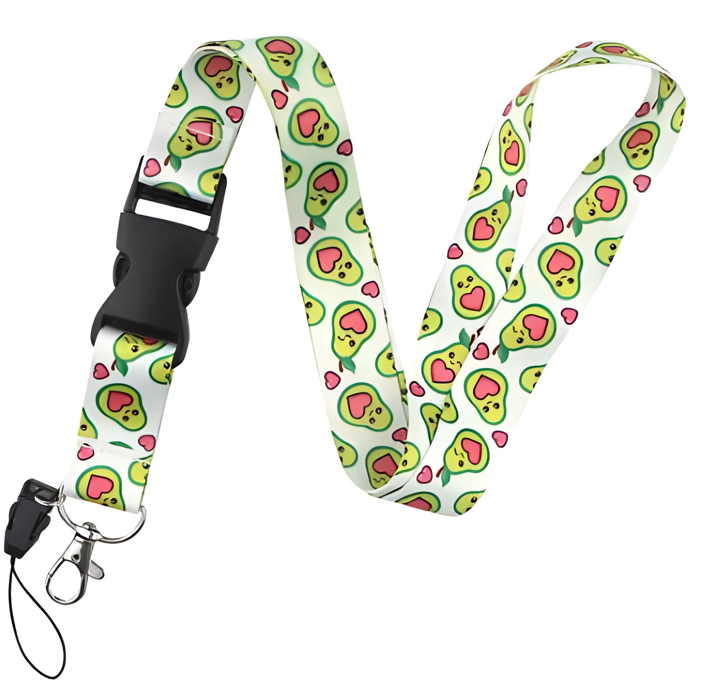 Green avocado cartoon print on a white polyester phone lanyard with a silver buckle.
