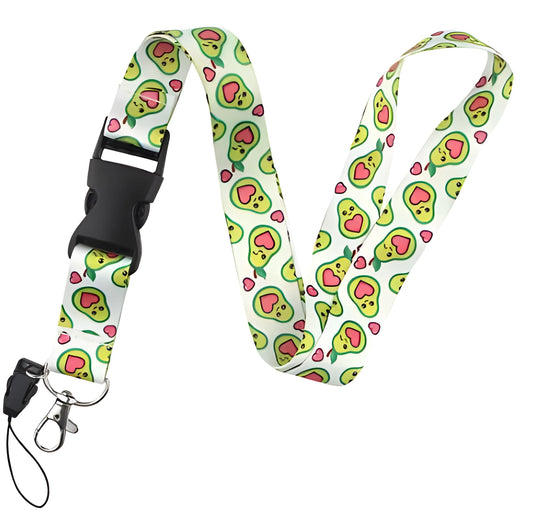 Green avocado cartoon print on a white polyester phone lanyard with a silver buckle.