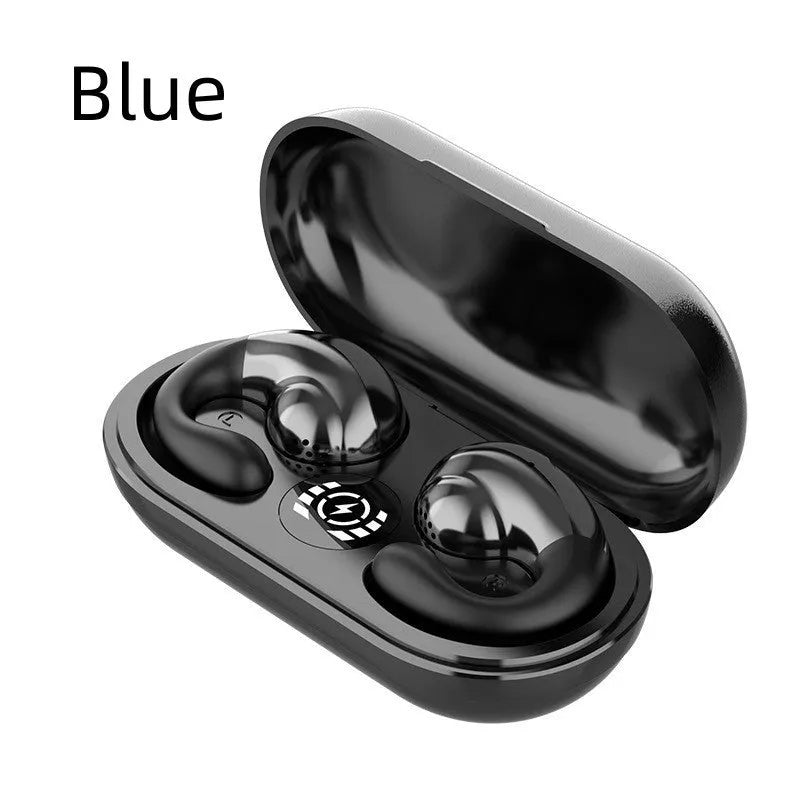 Wireless Bluetooth sports headphones with ear clip design in multiple colours on a black background