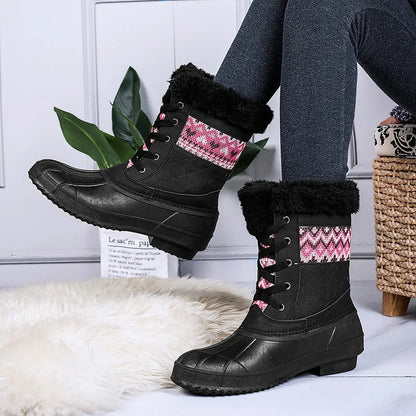 Women's winter high-top hiking shoes in black with plus velvet lining, front tie, and non-slip rubber sole
