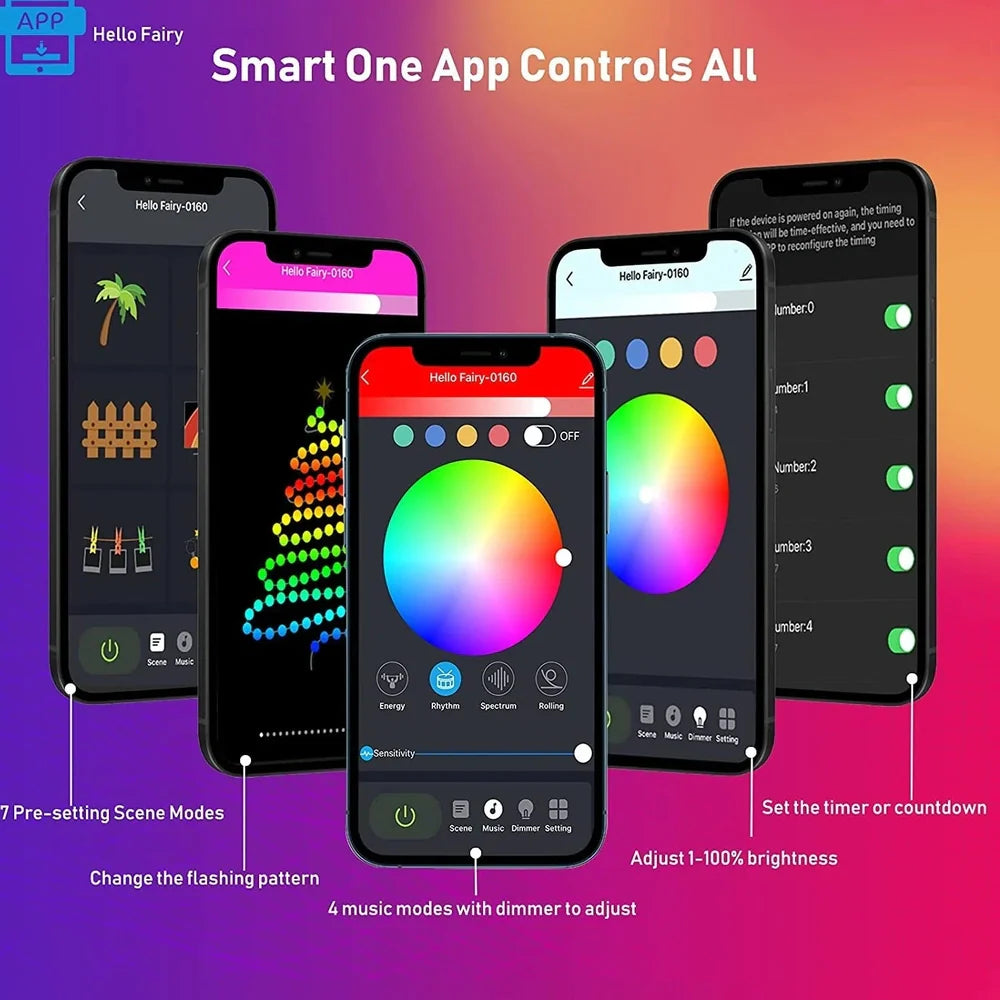 Bluetooth copper wire string lights with 100 LEDs on 10m flexible wire, USB powered with smartphone control