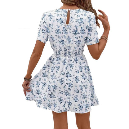 Light blue A-line midi dress with high waist and regular sleeves on hanger