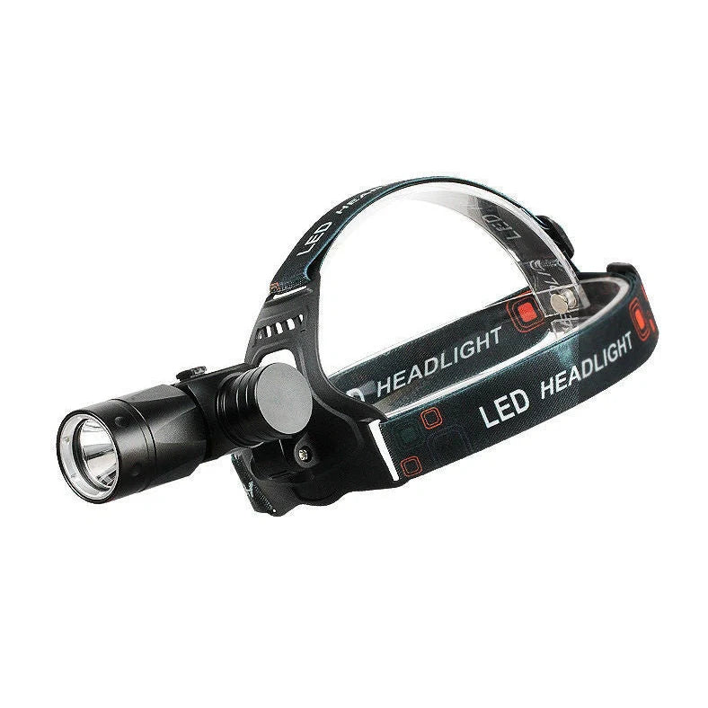 Aluminium alloy diving headlight with elastic headband showing 200-metre irradiation and 80-metre waterproof rating