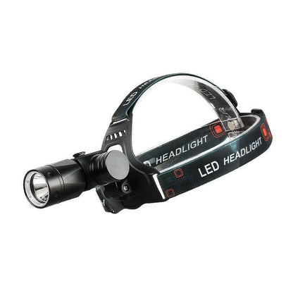 Aluminium alloy diving headlight with elastic headband showing 200-metre irradiation and 80-metre waterproof rating