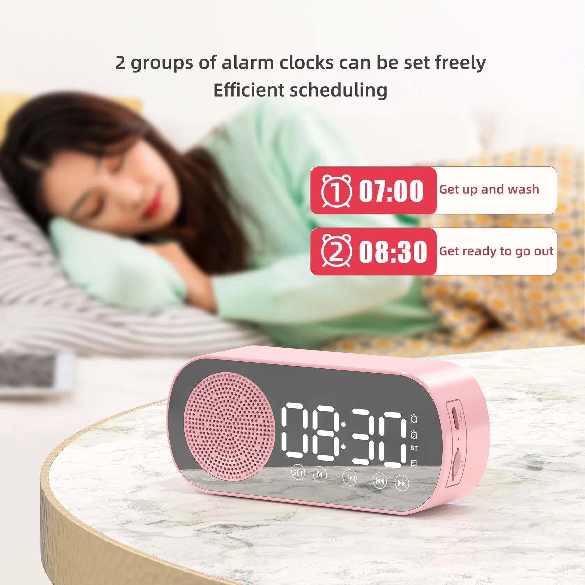 5-in-1 Bluetooth alarm clock with mirror design, LED display, FM radio, dual alarms, and phone stand