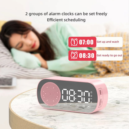 5-in-1 Bluetooth alarm clock with mirror design, LED display, FM radio, dual alarms, and phone stand