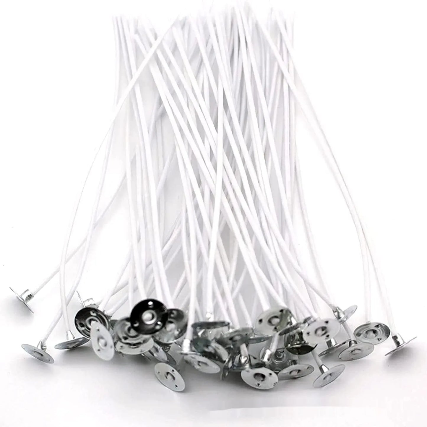 White cotton candle wicks in three lengths: 2.6cm, 6cm, and 8cm, for DIY candle making.