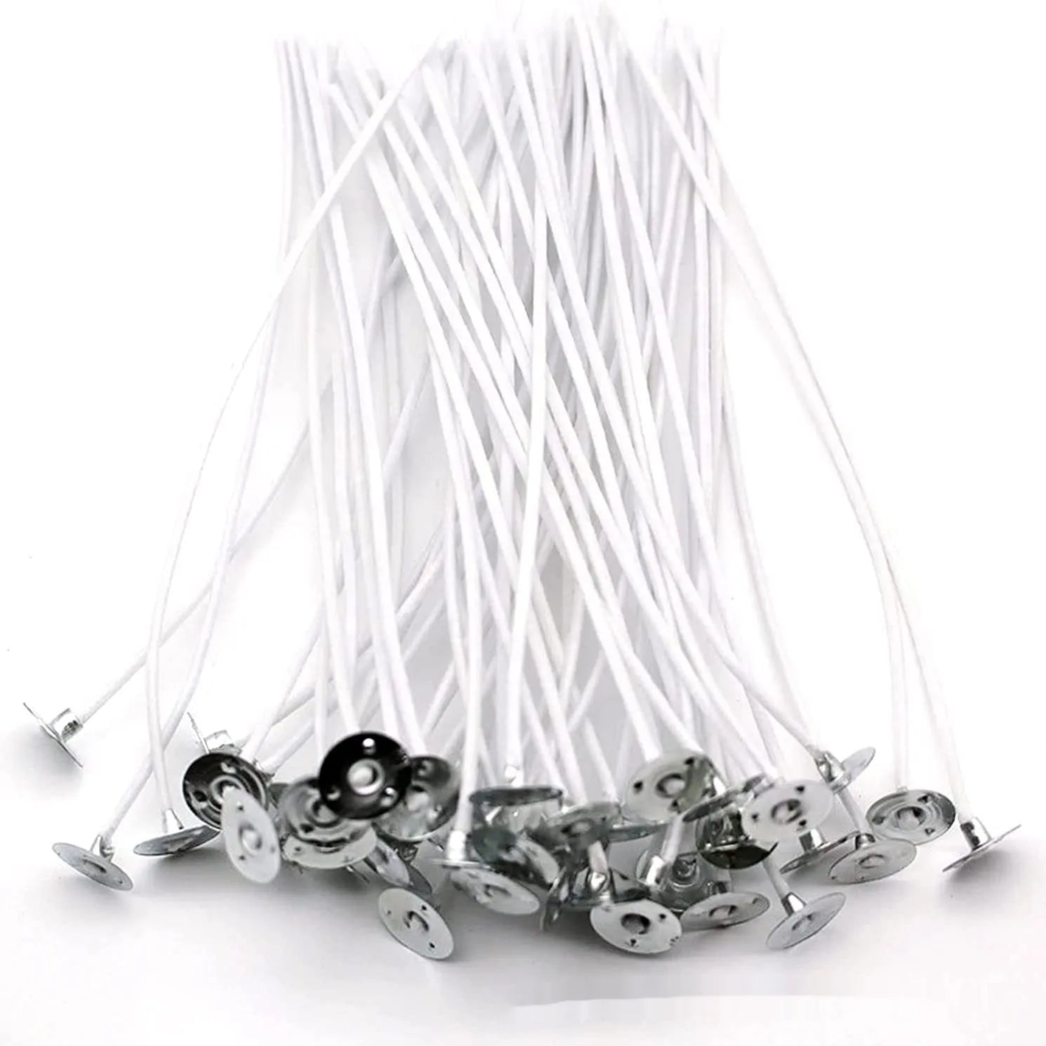 White cotton candle wicks in three lengths: 2.6cm, 6cm, and 8cm, for DIY candle making.