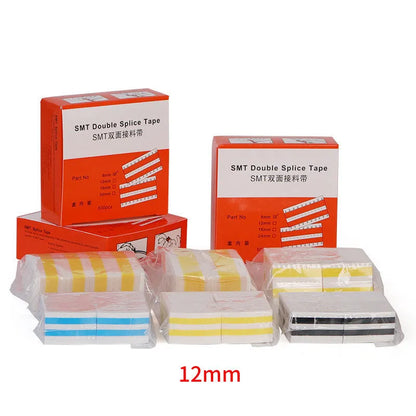 Reels of yellow, black, blue, and beige double-sided splicing tape for SMT placement machines in various widths.
