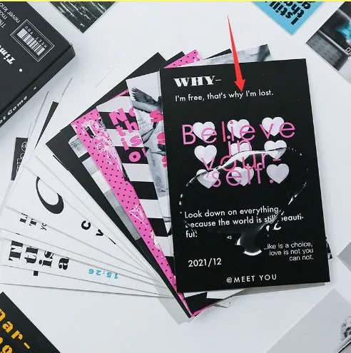 Two A5-sized postcard designs: 'Time Not Arrived' and 'Warm Wind Not Exhausted' on cardstock.