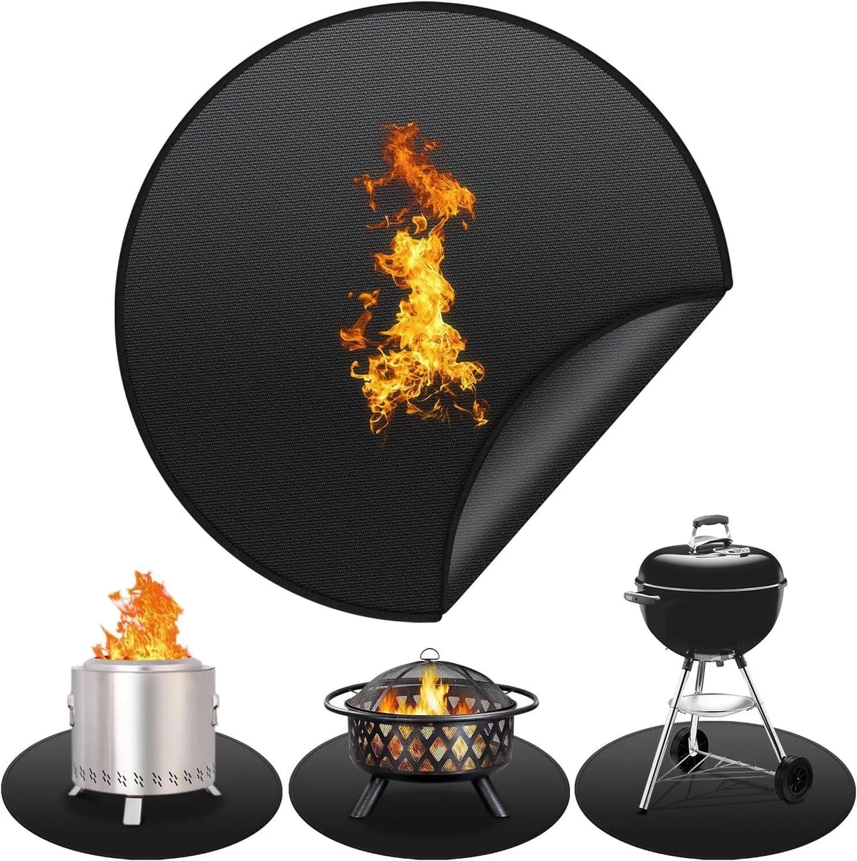 Black round barbecue mat fireproof pad in 11, 24, 36 or 48 inch size