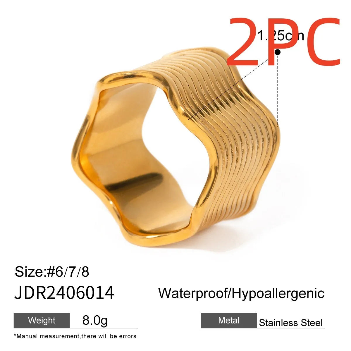 Stainless steel geometric wave ring with 8mm wide band and electroplated finish