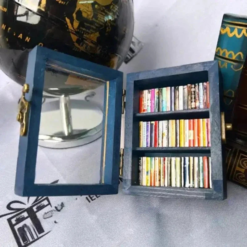 Handcrafted mini bookshelf made of wood with 60 miniature books for stress relief and mindfulness