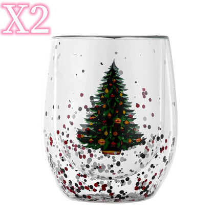 Christmas tree double-layer coffee cup with flowing sequins, 12cm height with 350ml capacity
