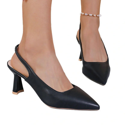 Baotou slingback sandals with pointed toes and elastic band closure in black, creamy-white, or apricot