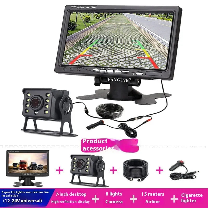 7-inch car monitor and reversing display with camera and video cable, TFT screen, ABS housing, desktop or rearview mirror fitting.