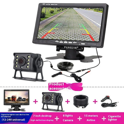 7-inch car monitor and reversing display with camera and video cable, TFT screen, ABS housing, desktop or rearview mirror fitting.
