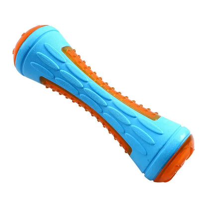 Three dog toys: blue ball, red barbell, and orange tire with bumpy textures for floating fetch games