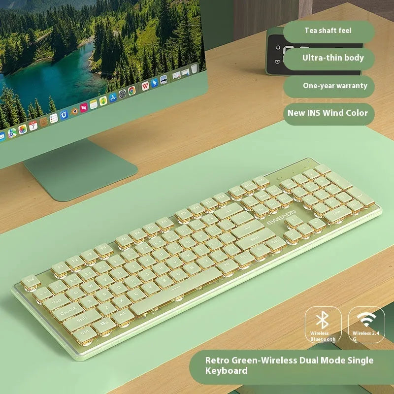 Prewalker V3 retro green mechanical feel keyboard and mouse set on a desk.