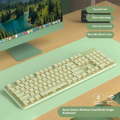 Prewalker V3 retro green mechanical feel keyboard and mouse set on a desk.