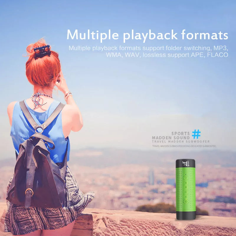 Mini bicycle outdoor Bluetooth speaker with flashlight and FM radio in blue, green, or grey