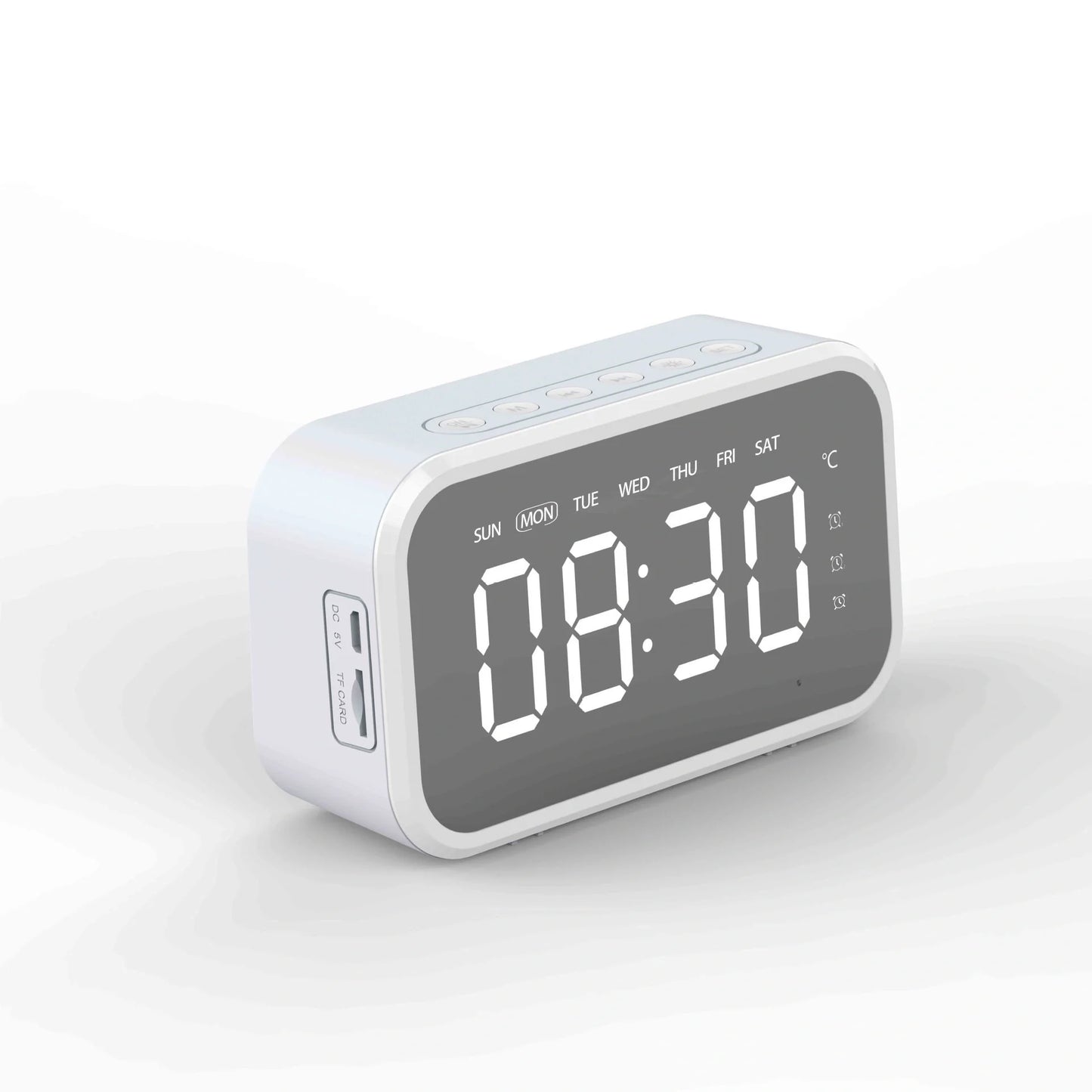 Desktop Alarm Clock with Bluetooth Wireless Audio in black, pink, and white