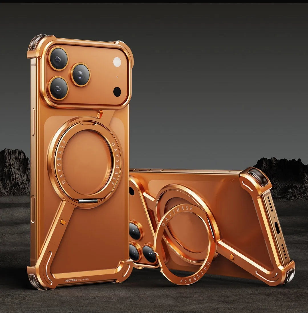 Black electroplated aluminium alloy iPhone 17 Pro Max case with integrated magnetic bracket