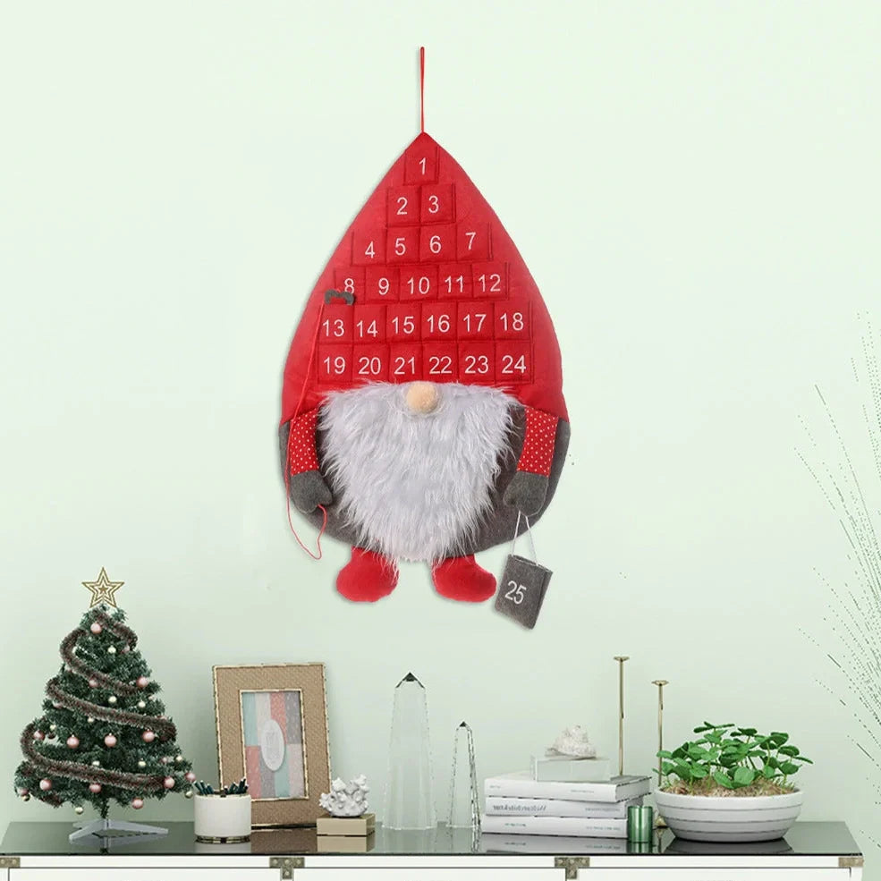 Red Santa Claus faceless advent calendar with 24 pockets hanging on wall