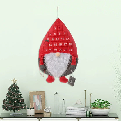 Red Santa Claus faceless advent calendar with 24 pockets hanging on wall