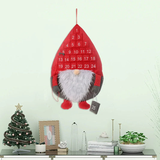 Red Santa Claus faceless advent calendar with 24 pockets hanging on wall