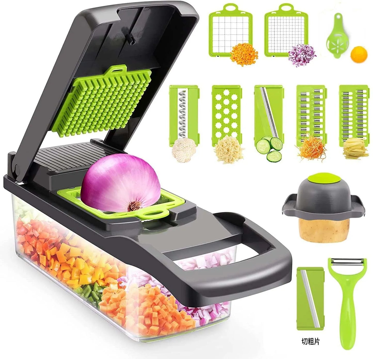 Grey vegetable cutter set with eight stainless steel blades and attachments including garlic press