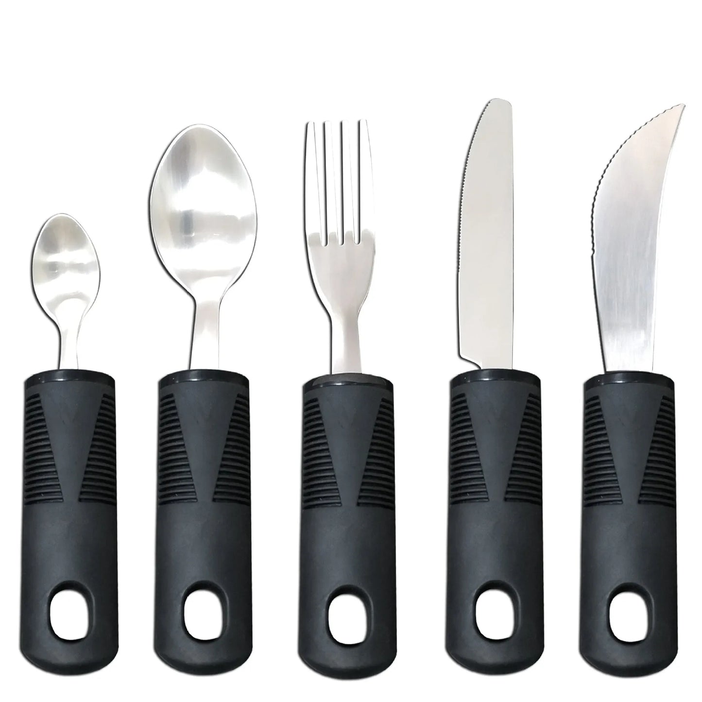 Stainless steel adaptive eating utensils with rubber handles and bendable components for elderly anti-shake support