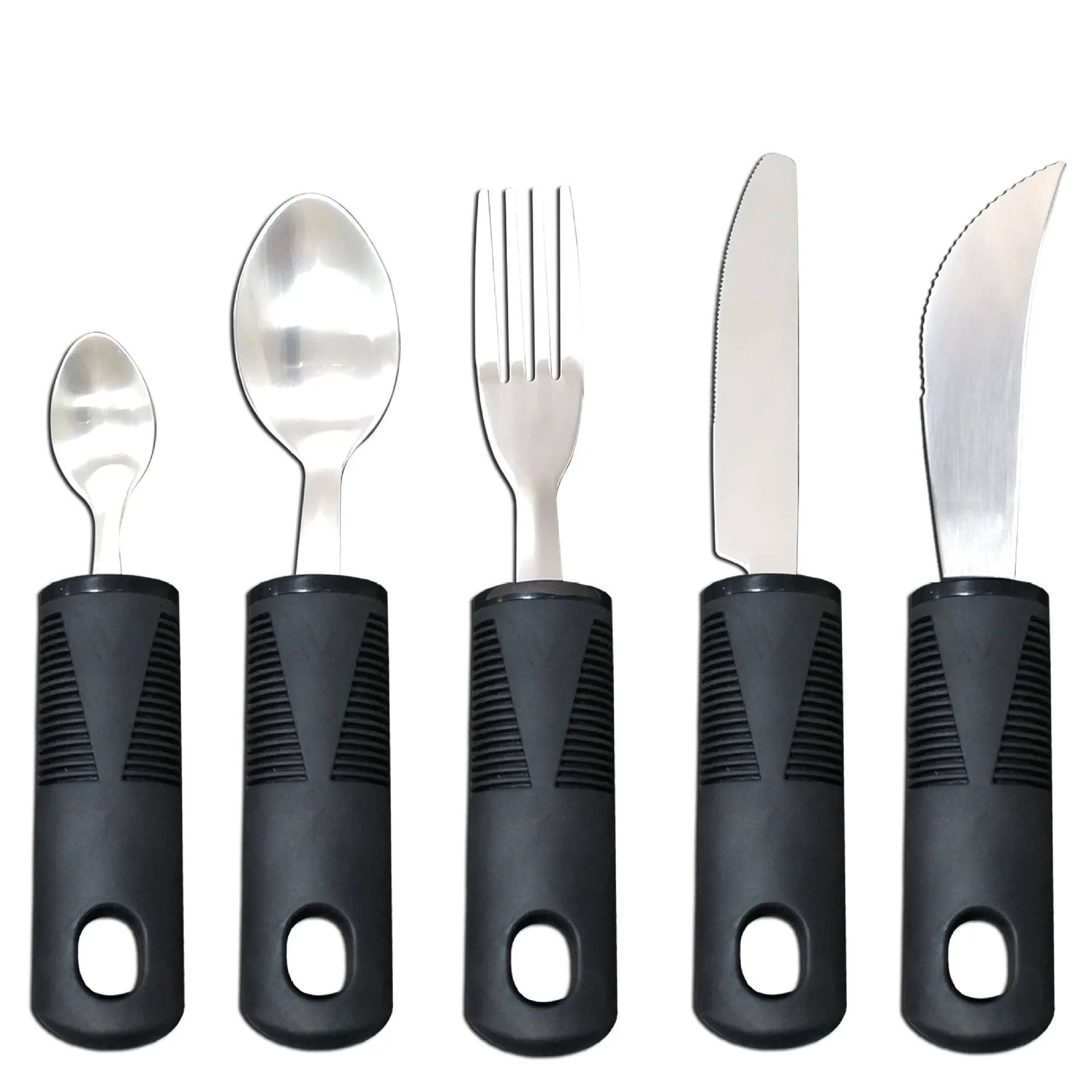 Stainless steel adaptive eating utensils with rubber handles and bendable components for elderly anti-shake support