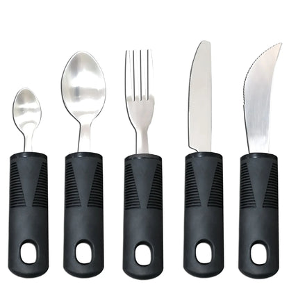 Stainless steel adaptive eating utensils with rubber handles and bendable components for elderly anti-shake support