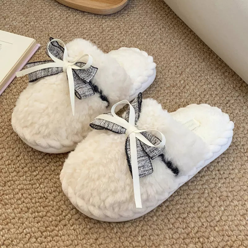Women's bow tie cotton slippers with plush interior in beige, green, and khaki