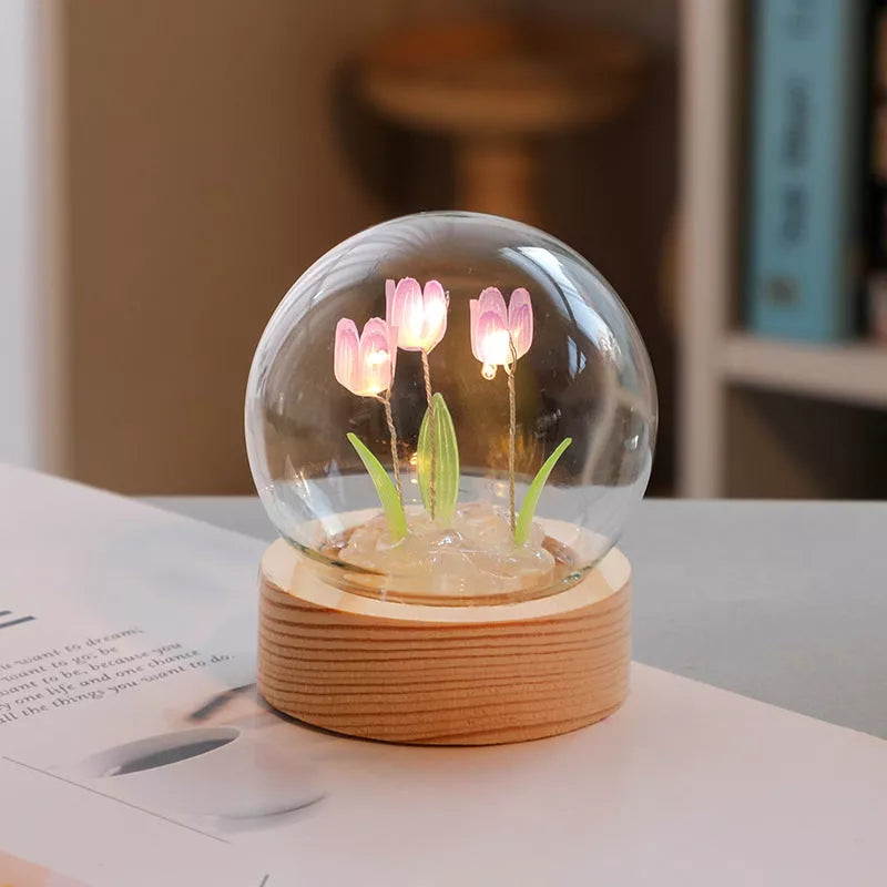 Handmade DIY tulip LED night light with adjustable flowers on wooden base