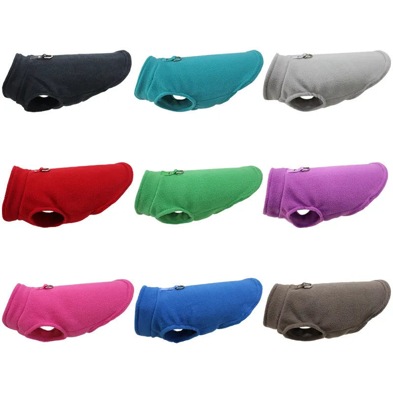 Polar fleece dog waistcoat in solid colour on small dog showing side-open design